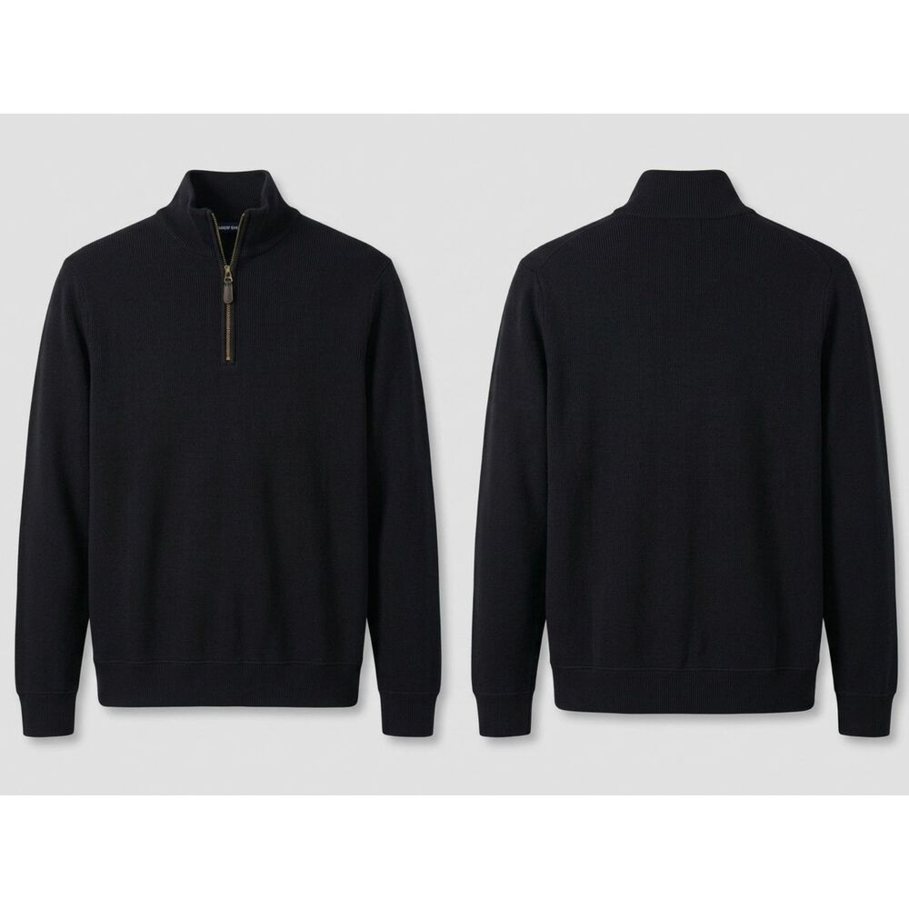 Lands' End Mens L Black 100% Cotton Quarter Zip Pullover Sweater Ribbed Knit
